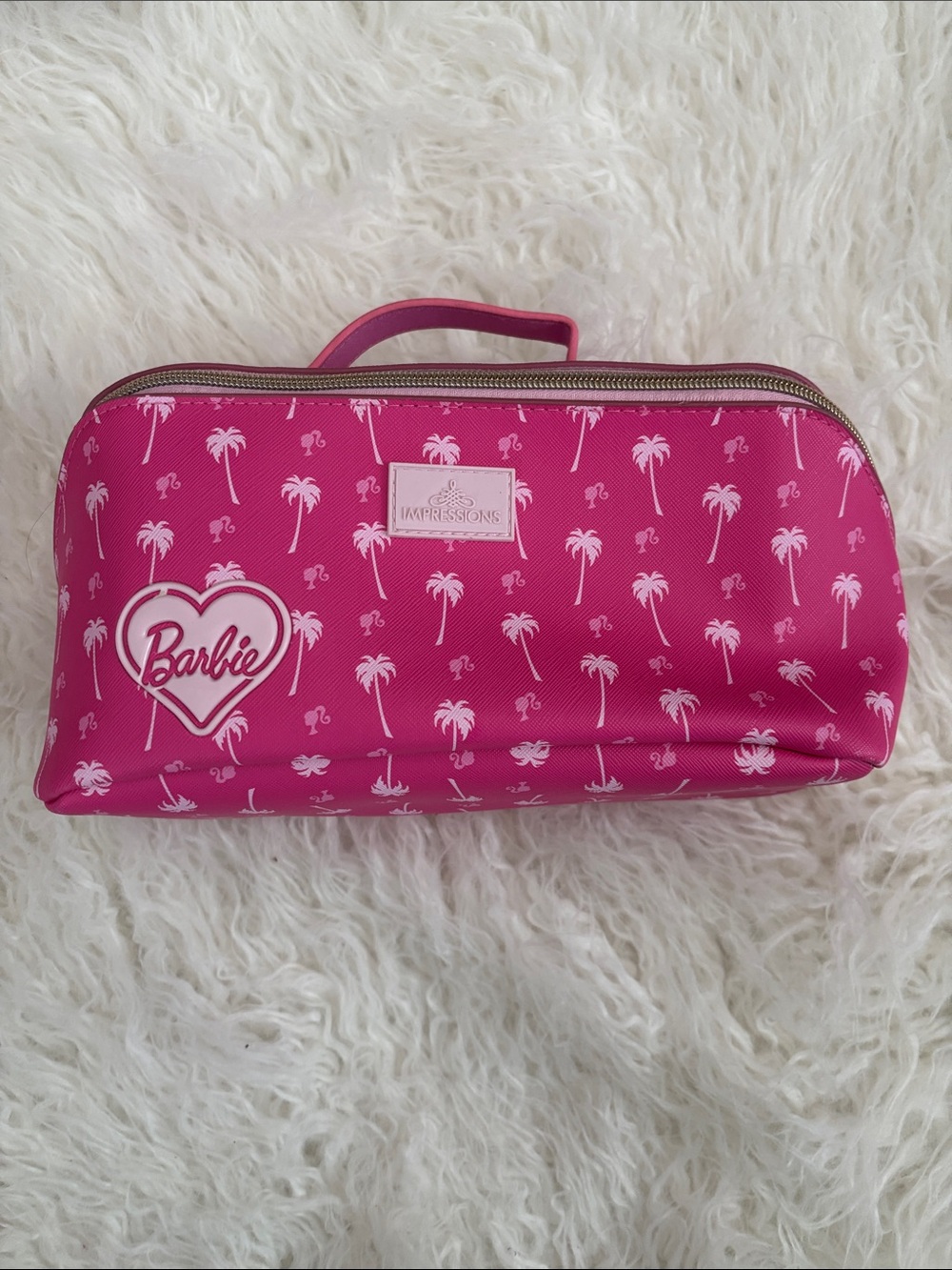 Barbie Pink, Palm-Print Cosmetic Pouch with Heart Logo in front